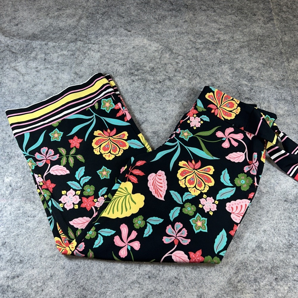 New York & Co Stretch Pants Women's Large Black‎ Pink Floral Wide Leg Tie Front